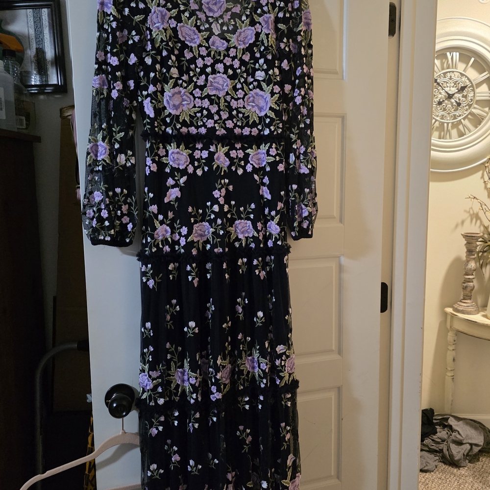 Mac Duggal Black and Purple Floral Long Sleeve Dress